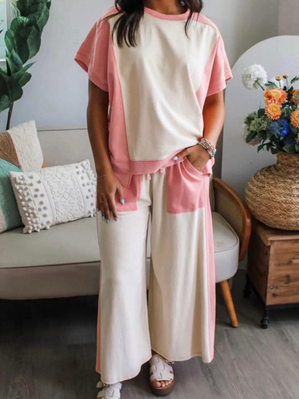 Wide-Leg Two-Tone Pink & Cream Lounge Jumpsuit Set